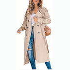Women's Long Double-Breasted Trench Coat – Lapel Button Front Overcoat
