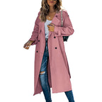 Women's Long Double-Breasted Trench Coat – Lapel Button Front Overcoat