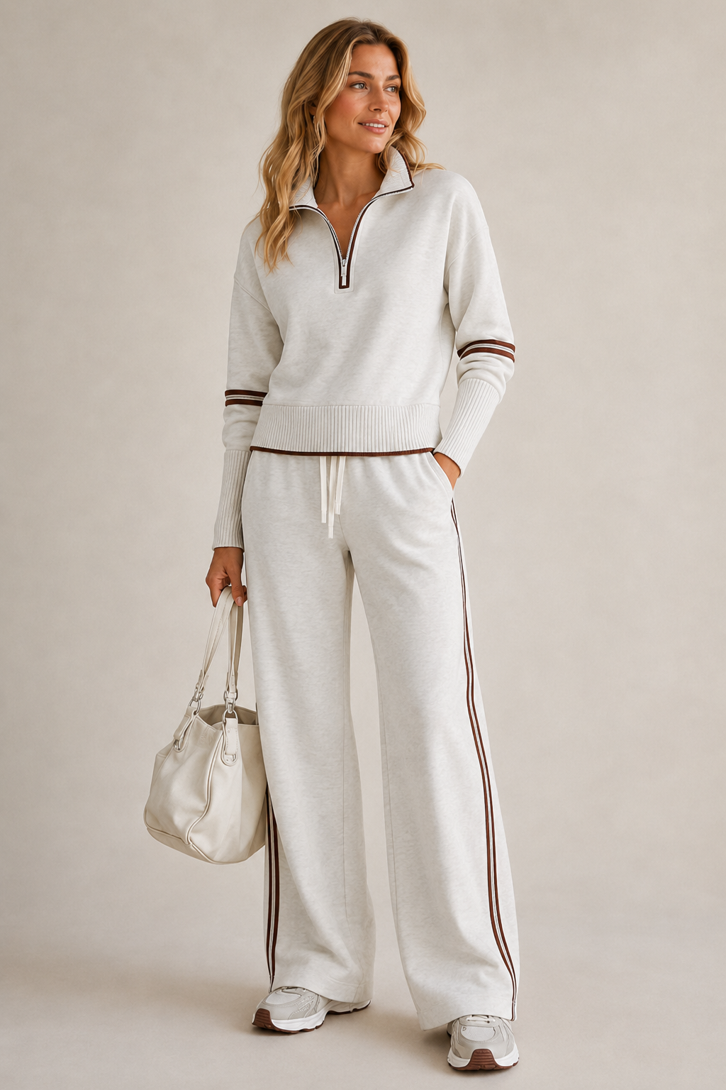 Women's Half-Zip Lounge Set – Wide Leg Pants Set