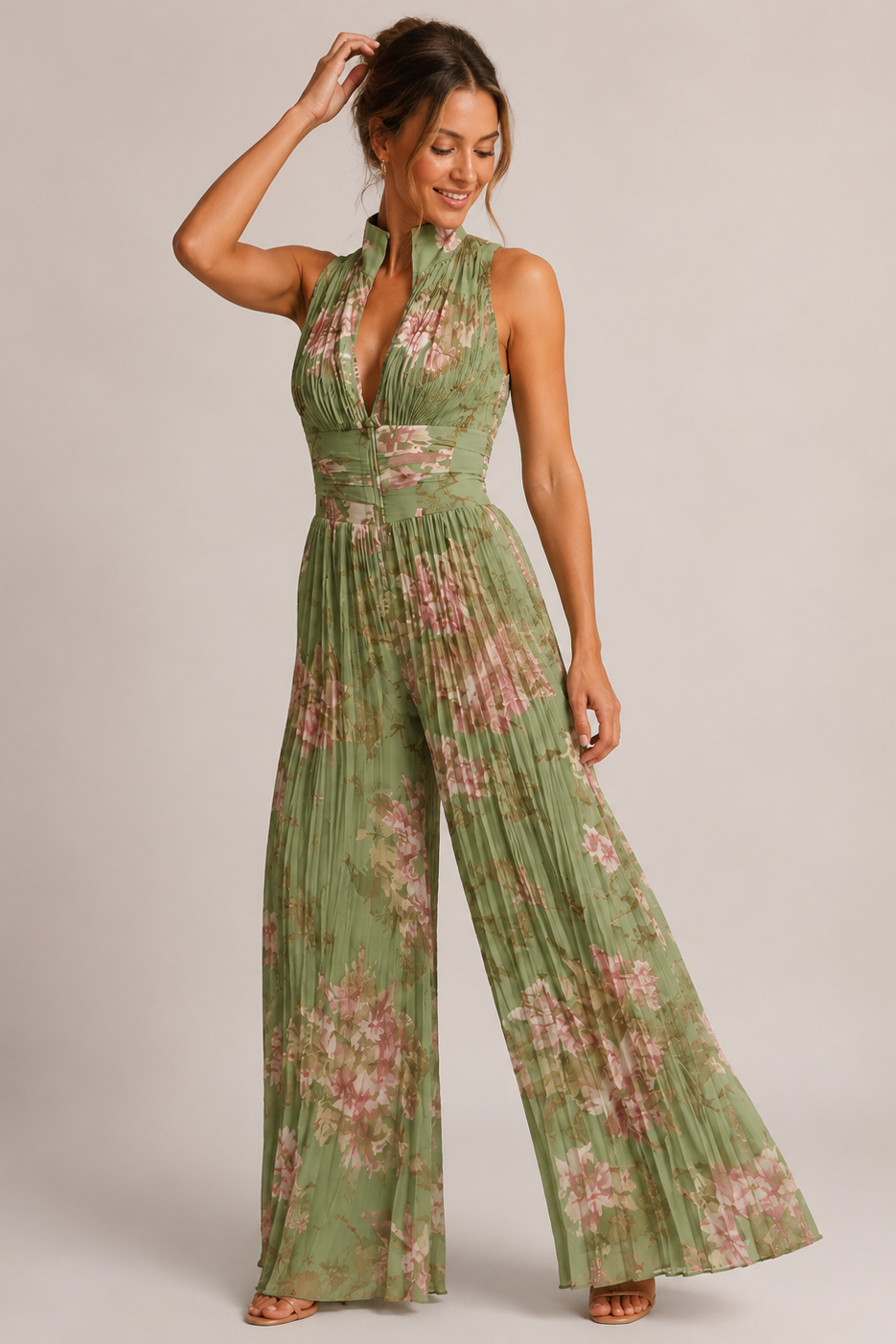 Women's Pleated Halter Jumpsuit – Wide Leg Jumpsuit