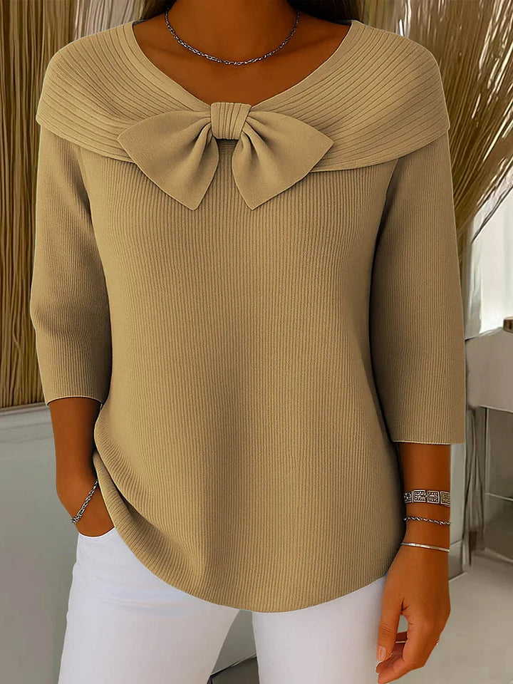 Women's Bow Neck Knit Top – Fitted Long Sleeve Dressy Sweater Top