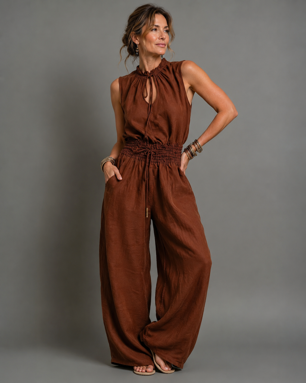 Women's Sleeveless Wide Leg Jumpsuit – High Neck Belted Summer Jumpsuit
