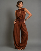 Women's Sleeveless Wide Leg Jumpsuit – High Neck Belted Summer Jumpsuit