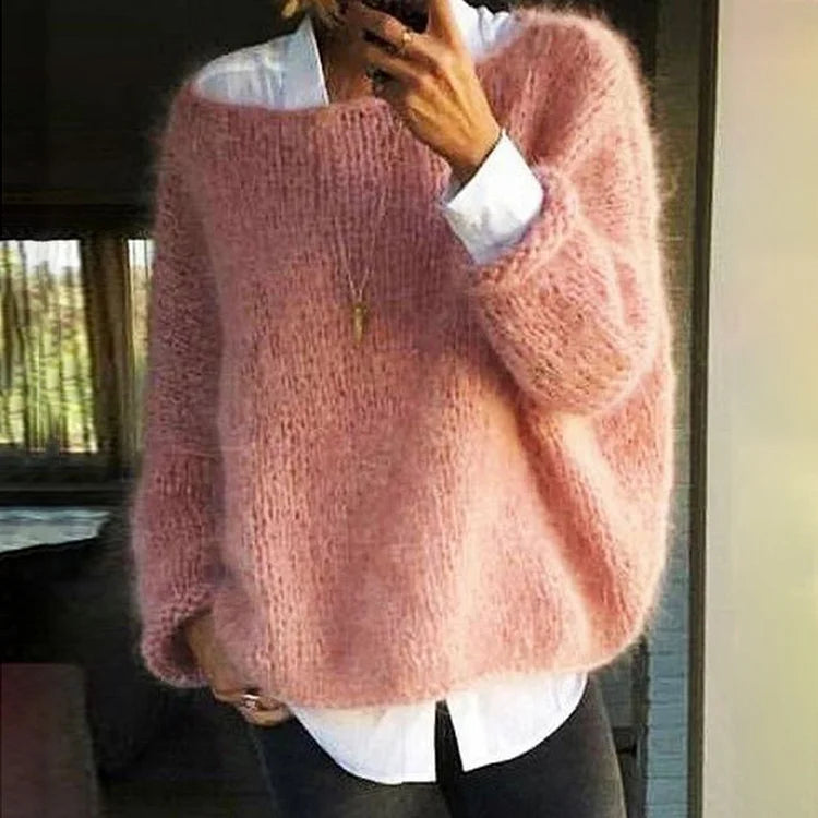 Women's Plush Oversized Sweater – Relaxed Crew Neck Knit Pullover