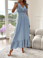 Women's V-Neck Tiered Maxi Dress – Short Sleeve Smocked Waist Evening Dress