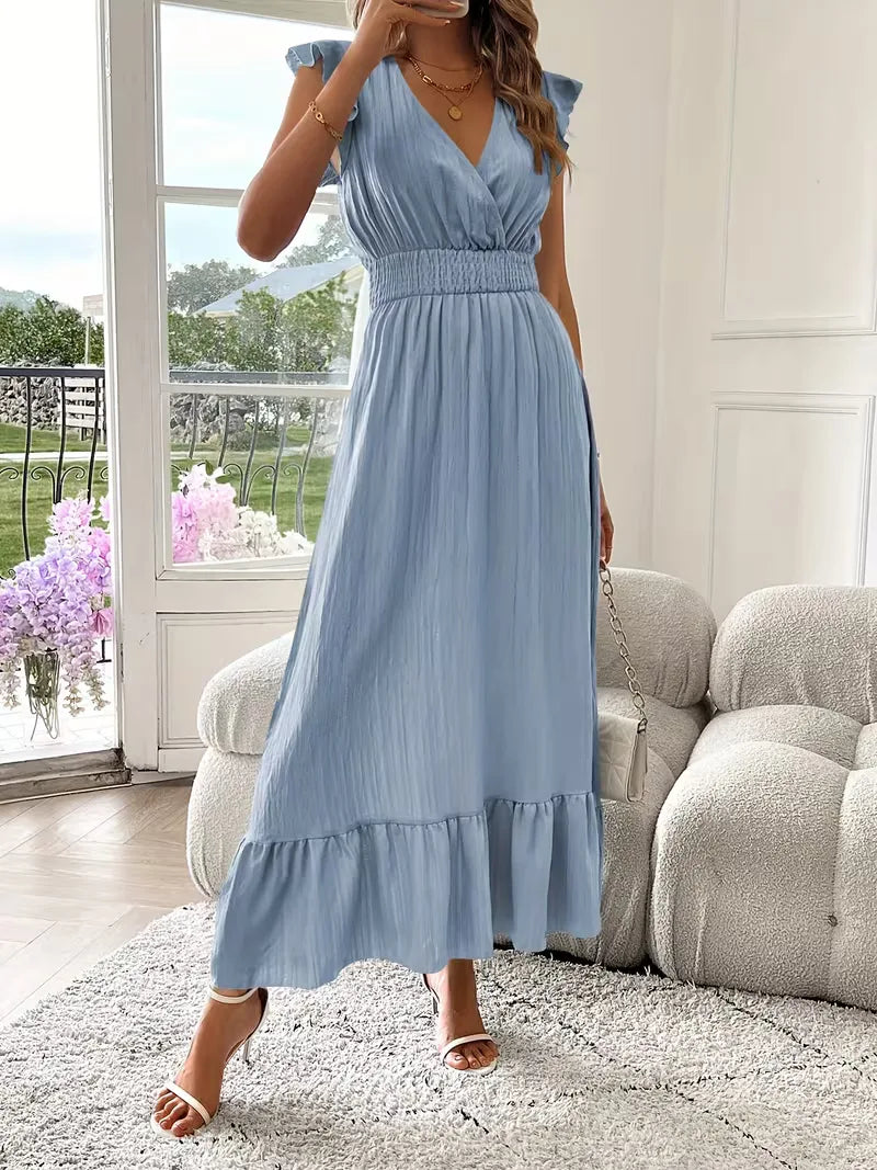 Women's V-Neck Tiered Maxi Dress – Short Sleeve Smocked Waist Evening Dress