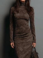 Women's Suede Finish Midi Dress – High Neck Dress