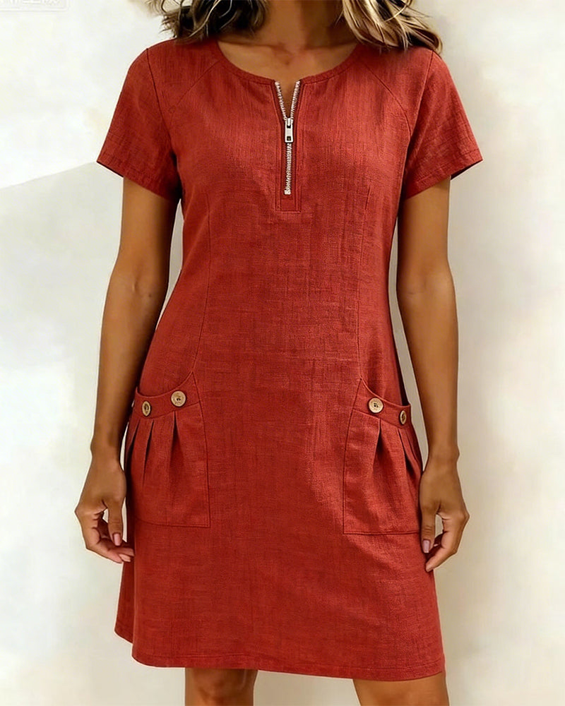 Women's A-Line Pocket Midi Dress – Short Sleeve Flowy Day Dress