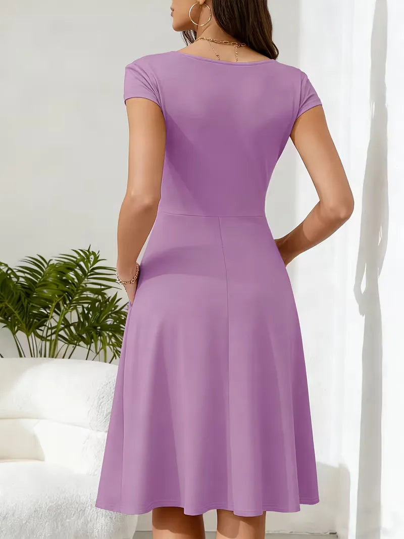 Women's V-Neck A-Line Dress – Short Sleeve Knee Length Pocket Dress
