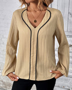 Women's V-Neck Balloon Sleeve Blouse – Long Sleeve Casual Office Blouse