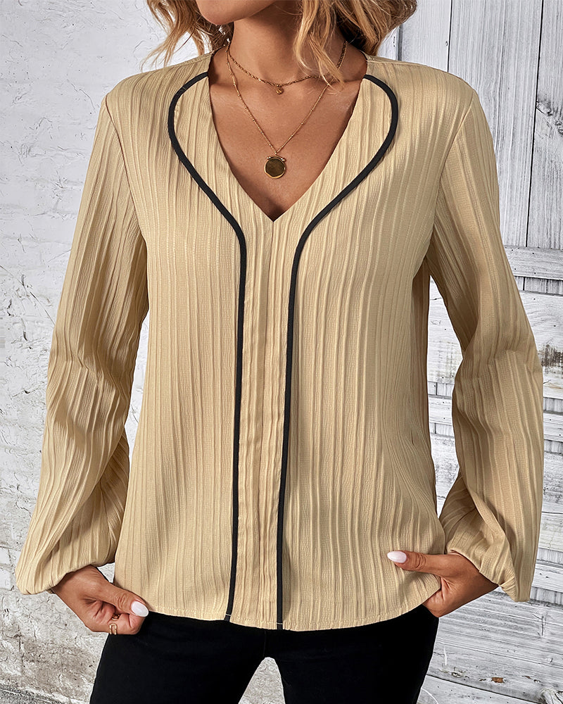 Women's V-Neck Balloon Sleeve Blouse – Long Sleeve Casual Office Blouse