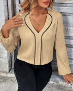 Women's V-Neck Balloon Sleeve Blouse – Long Sleeve Casual Office Blouse