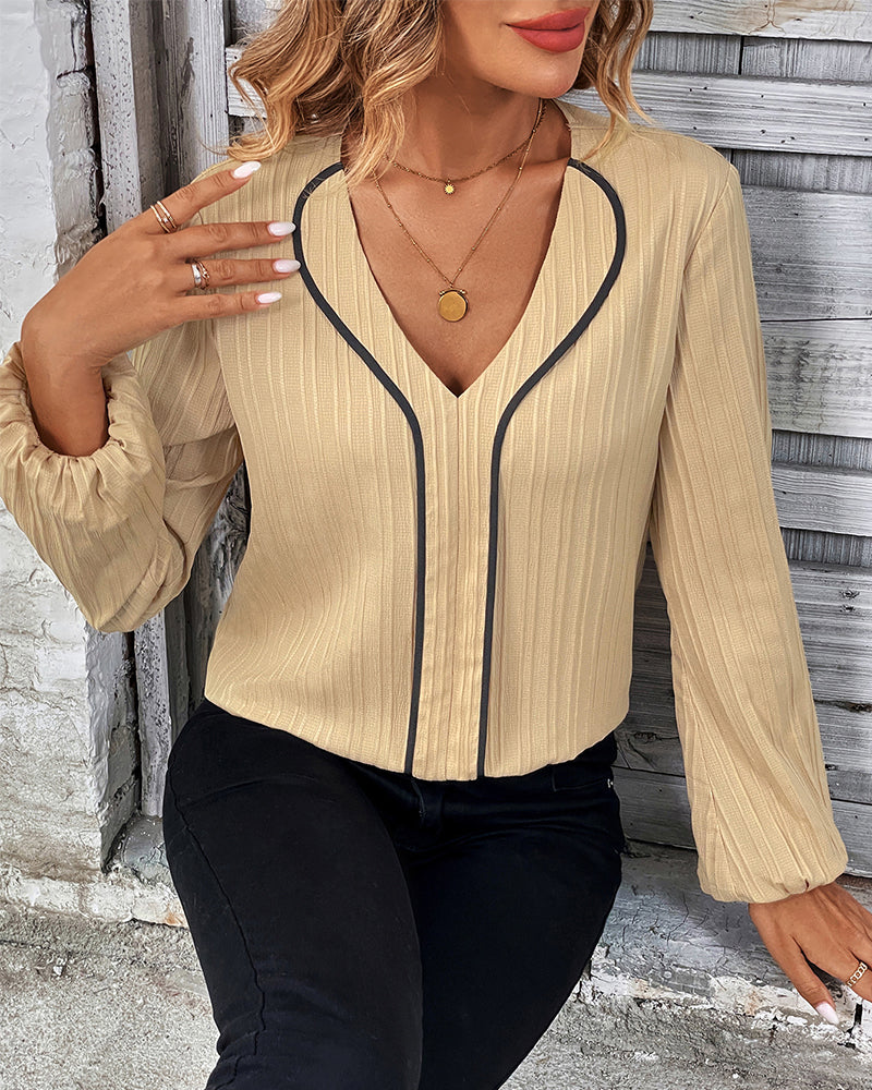 Women's V-Neck Balloon Sleeve Blouse – Long Sleeve Casual Office Blouse