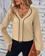Women's V-Neck Balloon Sleeve Blouse – Long Sleeve Casual Office Blouse