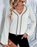 Women's V-Neck Balloon Sleeve Blouse – Long Sleeve Casual Office Blouse