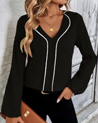 Women's V-Neck Balloon Sleeve Blouse – Long Sleeve Casual Office Blouse