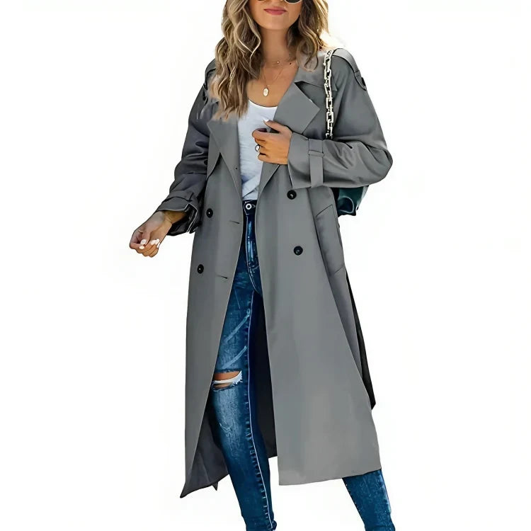 Women's Long Trench Coat – Classic Button Front Tailored Coat