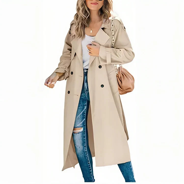 Women's Long Trench Coat – Classic Button Front Tailored Coat