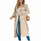 Women's Long Trench Coat – Classic Button Front Tailored Coat
