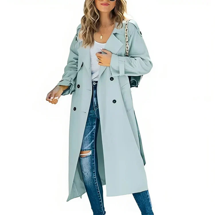 Women's Long Trench Coat – Classic Button Front Tailored Coat