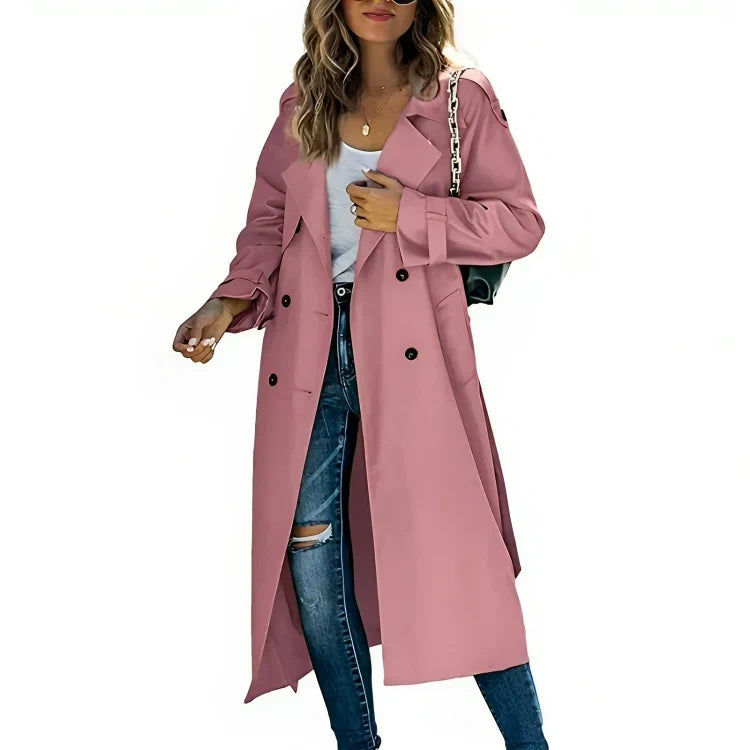 Women's Long Trench Coat – Classic Button Front Tailored Coat