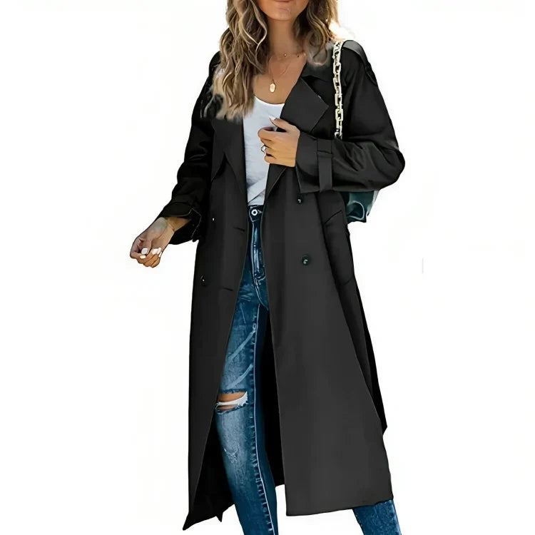 Women's Long Trench Coat – Classic Button Front Tailored Coat