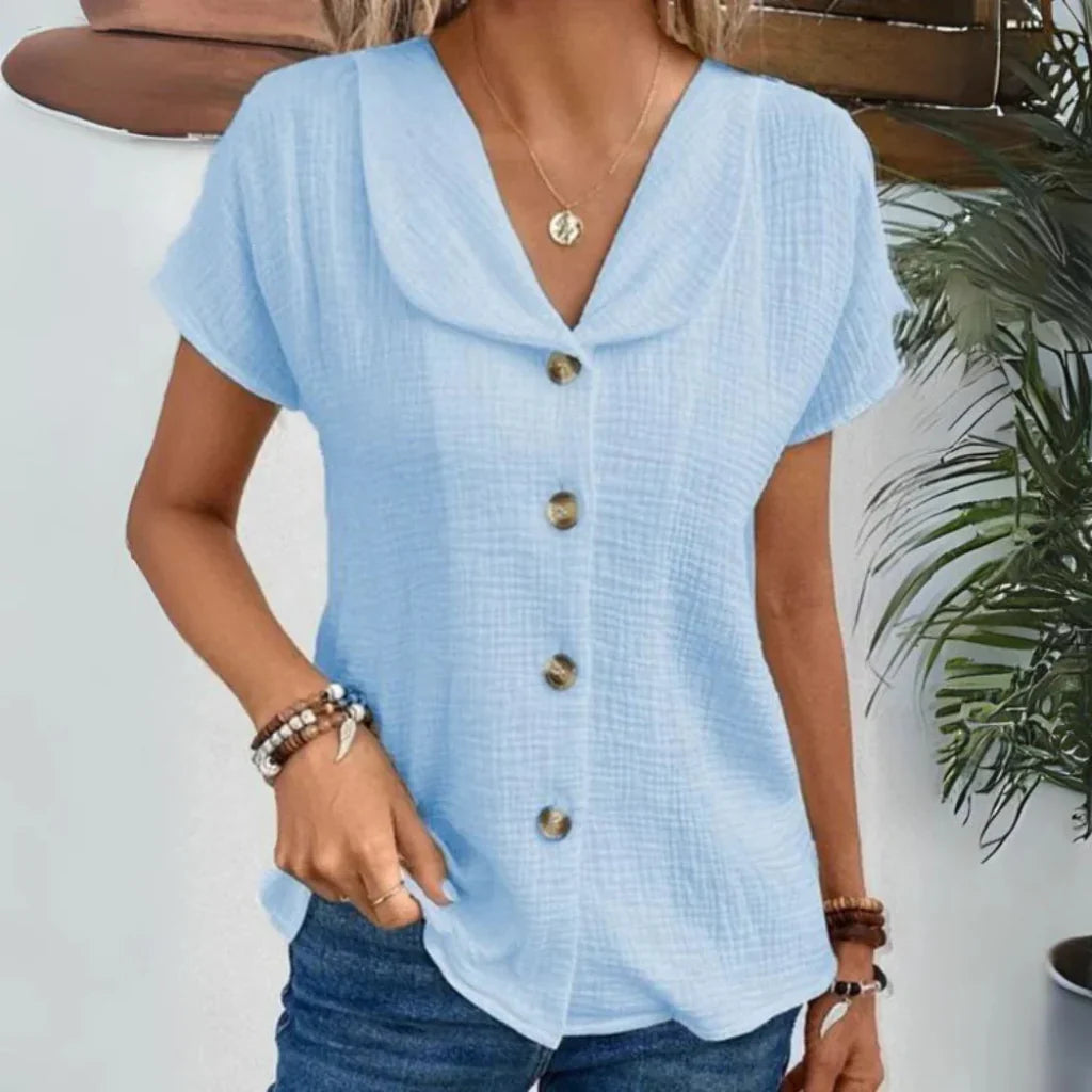 Women's V-Neck Summer Blouse – Pleated Puff Sleeve Blouse