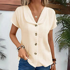 Women's V-Neck Summer Blouse – Pleated Puff Sleeve Blouse