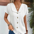 Women's V-Neck Summer Blouse – Pleated Puff Sleeve Blouse
