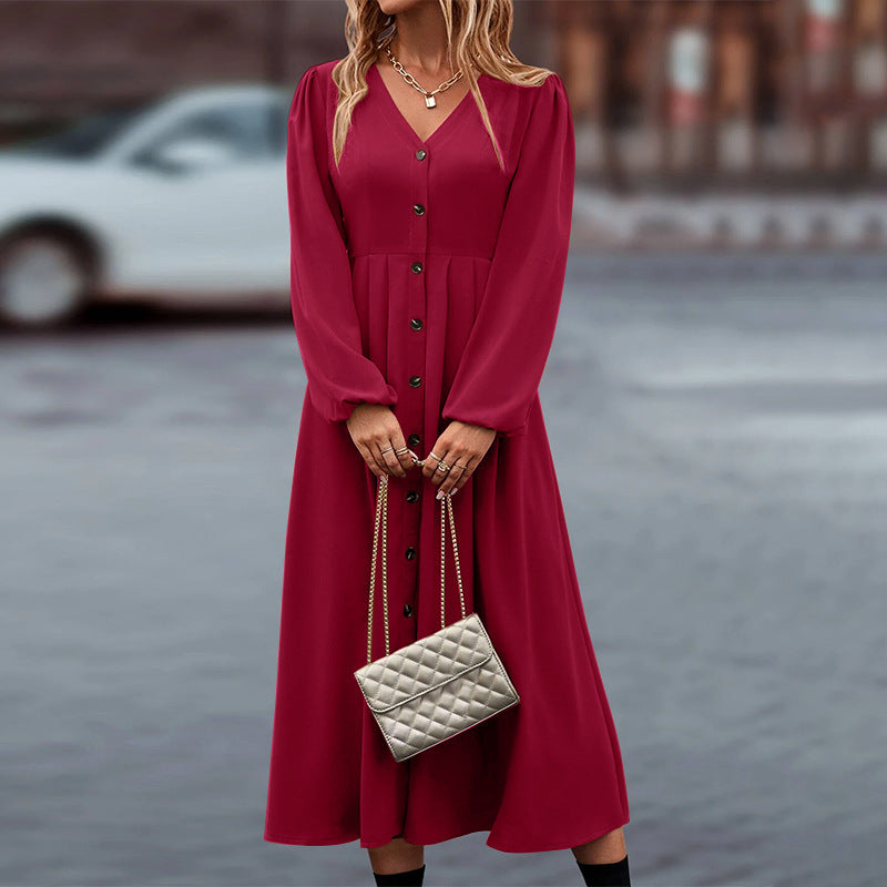 Women's V-Neck Long Sleeve Maxi Dress – Casual Autumn Occasion Dress