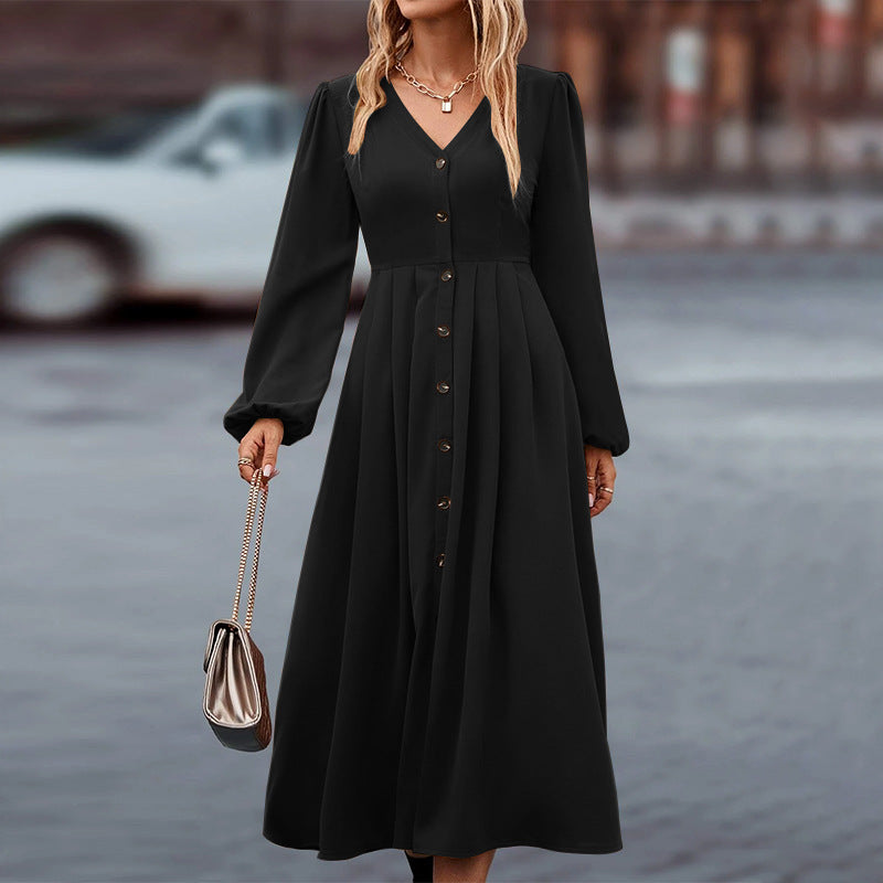 Women's V-Neck Long Sleeve Maxi Dress – Casual Autumn Occasion Dress