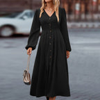 Women's V-Neck Long Sleeve Maxi Dress – Casual Autumn Occasion Dress