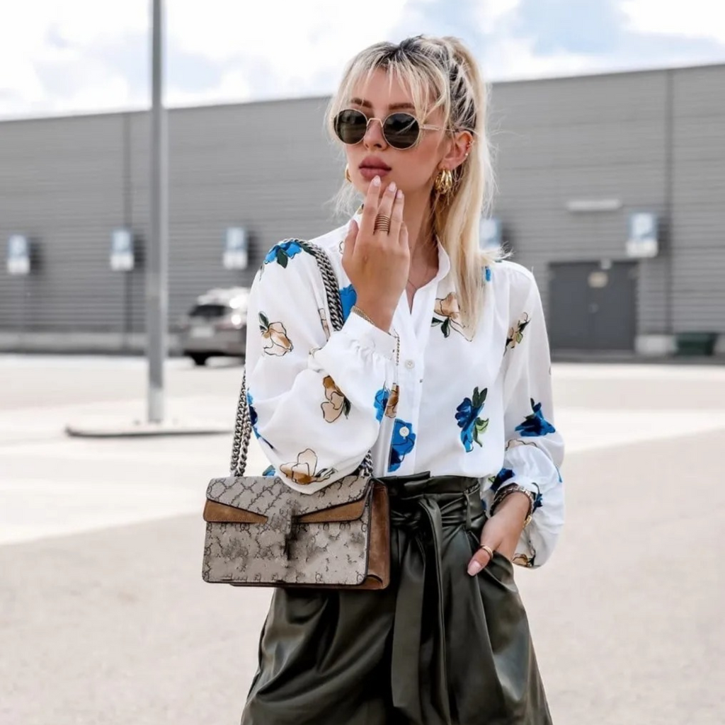 Women's Floral Print Shawl Collar Blouse – Casual Patterned Blouse