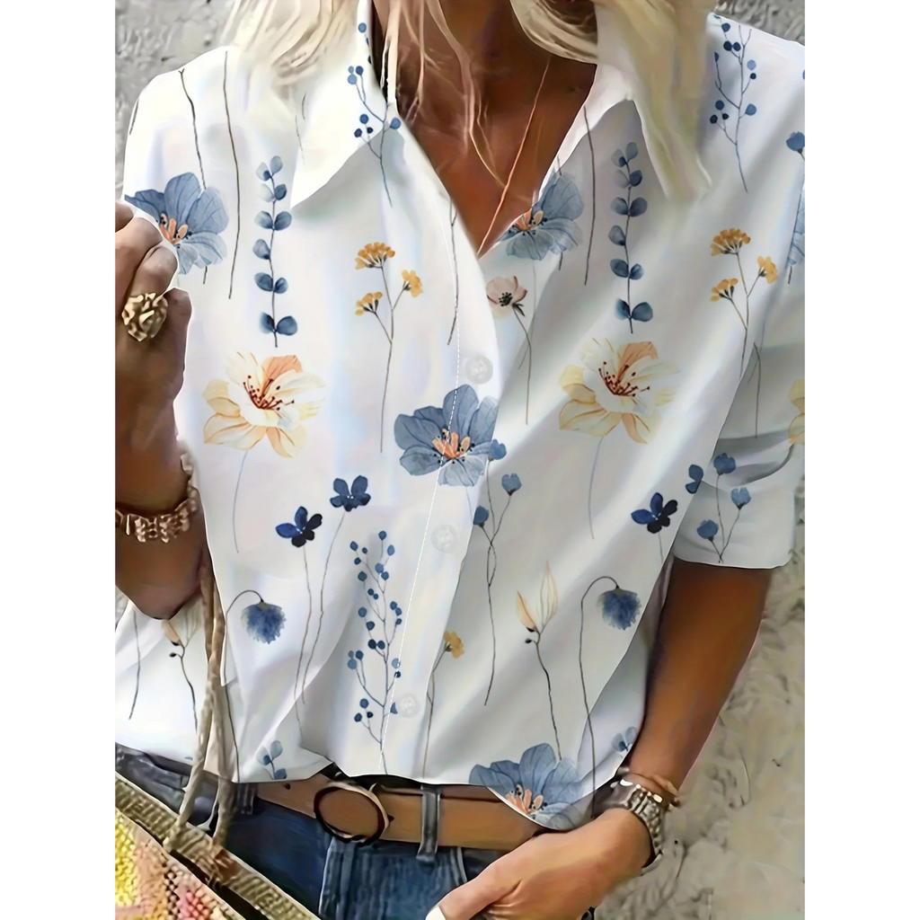 Women's Floral Print Shawl Collar Blouse – Casual Patterned Blouse