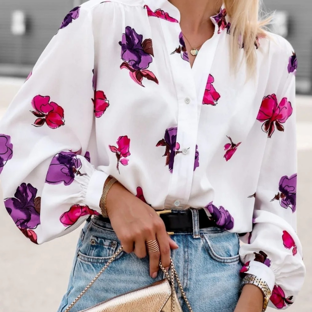 Women's Floral Print Shawl Collar Blouse – Casual Patterned Blouse