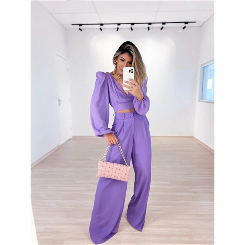 Women's Ribbed Two-Piece Set – V-Neck Lounge Set
