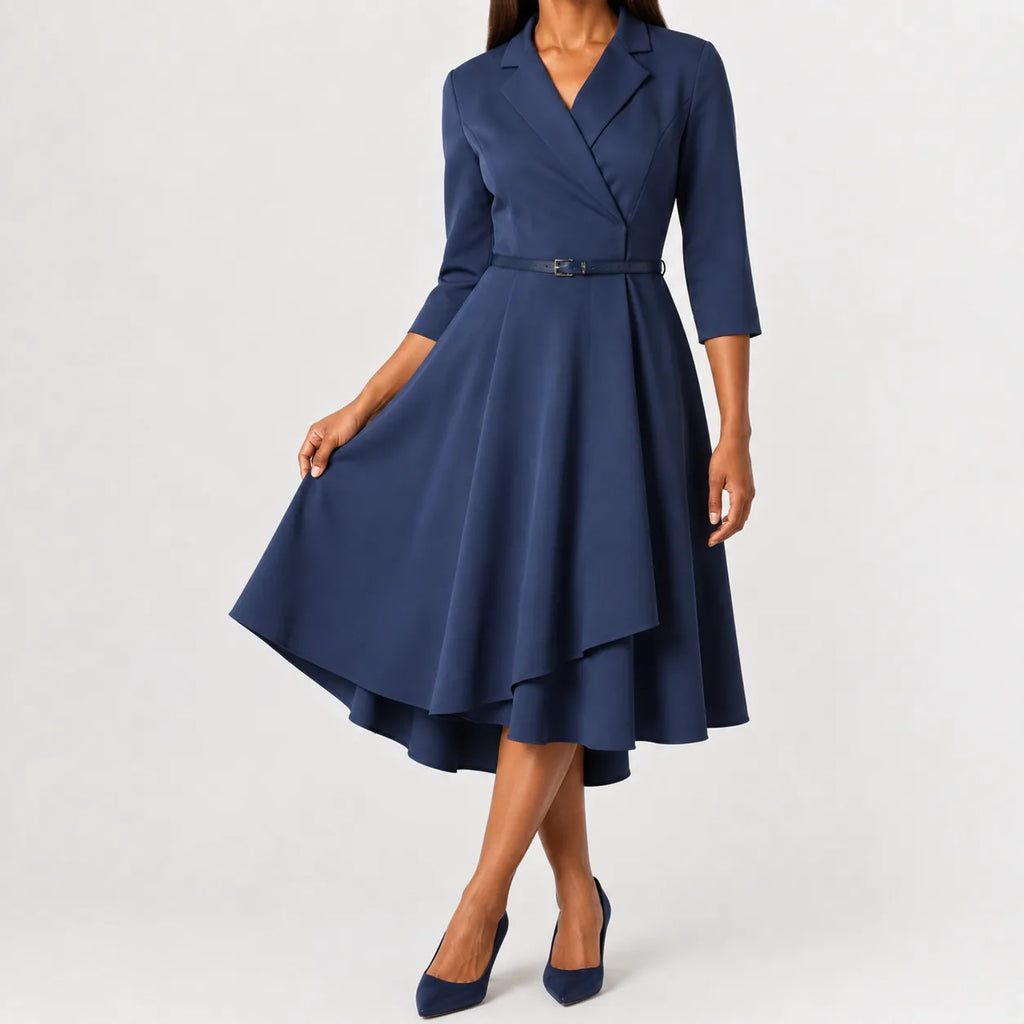 Women's V-Neck Belted A-Line Dress – Three Quarter Sleeve Casual Dress