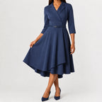 Women's V-Neck Belted A-Line Dress – Three Quarter Sleeve Casual Dress