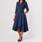 Women's V-Neck Belted A-Line Dress – Three Quarter Sleeve Casual Dress
