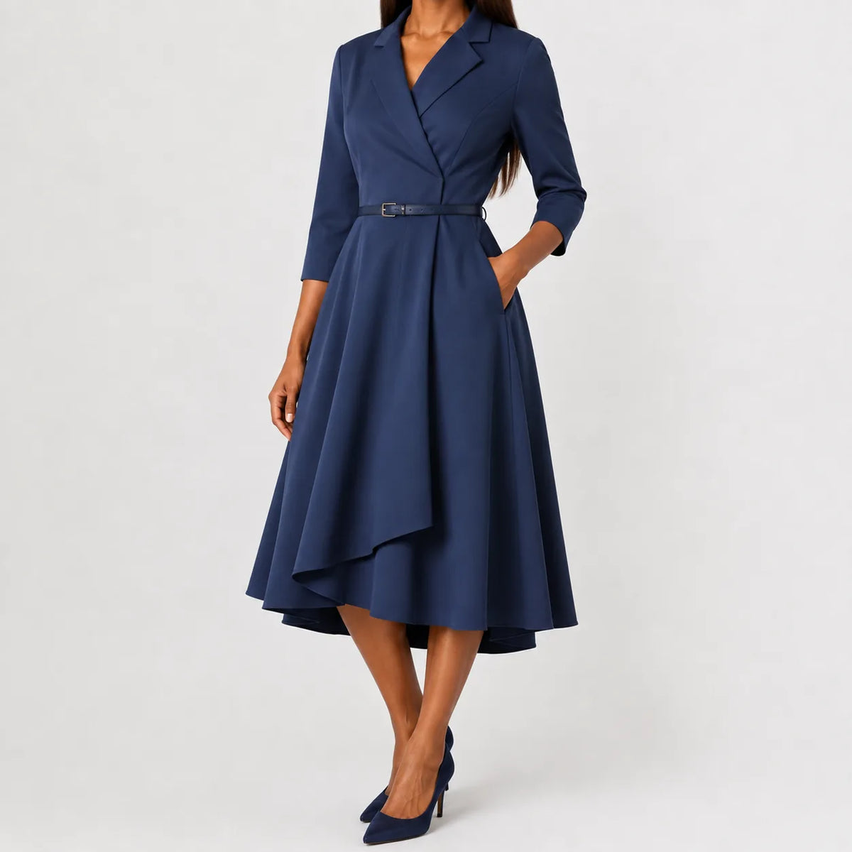 Women's V-Neck Belted A-Line Dress – Three Quarter Sleeve Casual Dress
