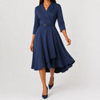 Women's V-Neck Belted A-Line Dress – Three Quarter Sleeve Casual Dress