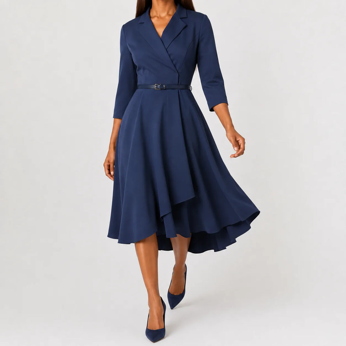 Women's V-Neck Belted A-Line Dress – Three Quarter Sleeve Casual Dress