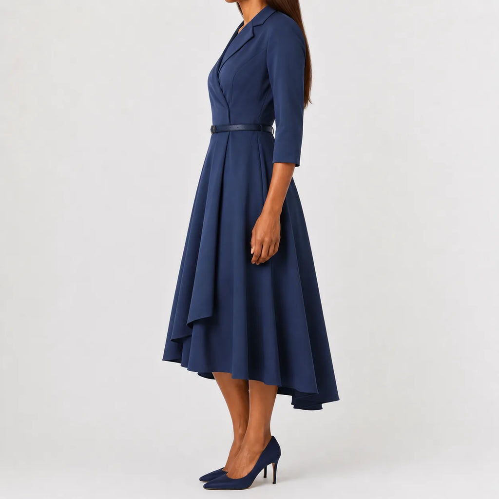 Women's V-Neck Belted A-Line Dress – Three Quarter Sleeve Casual Dress