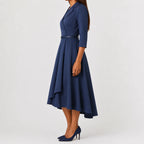Women's V-Neck Belted A-Line Dress – Three Quarter Sleeve Casual Dress