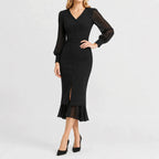Women's Black V-Neck Dress – Long Sleeve Ruffle Hem Dress