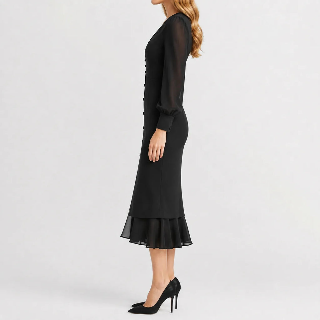 Women's Black V-Neck Dress – Long Sleeve Ruffle Hem Dress