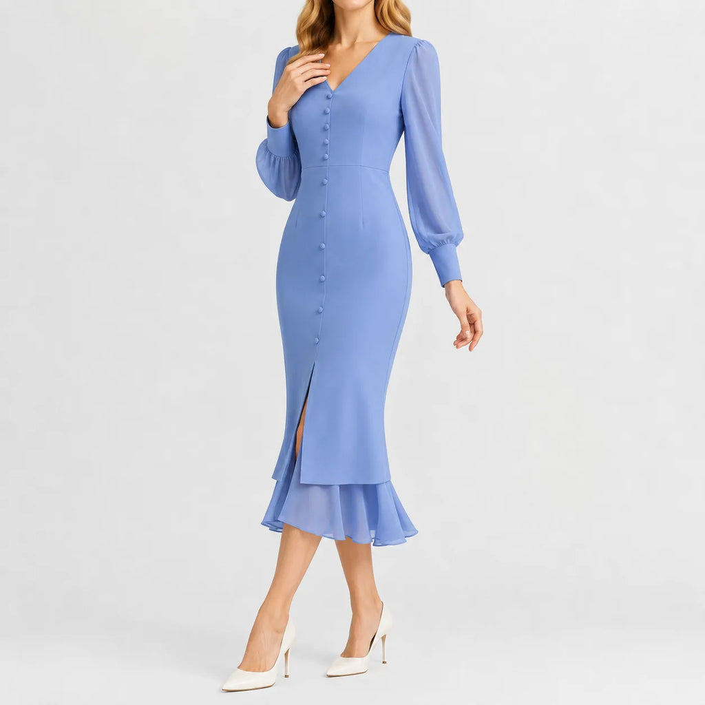 Women's Black V-Neck Dress – Long Sleeve Ruffle Hem Dress