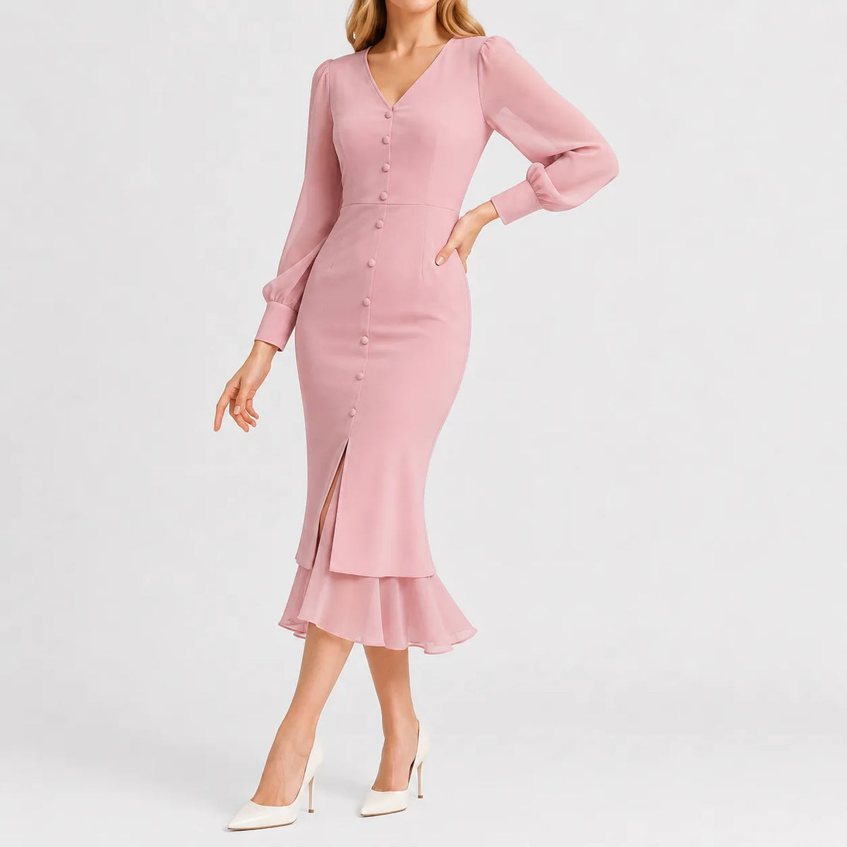 Women's Black V-Neck Dress – Long Sleeve Ruffle Hem Dress