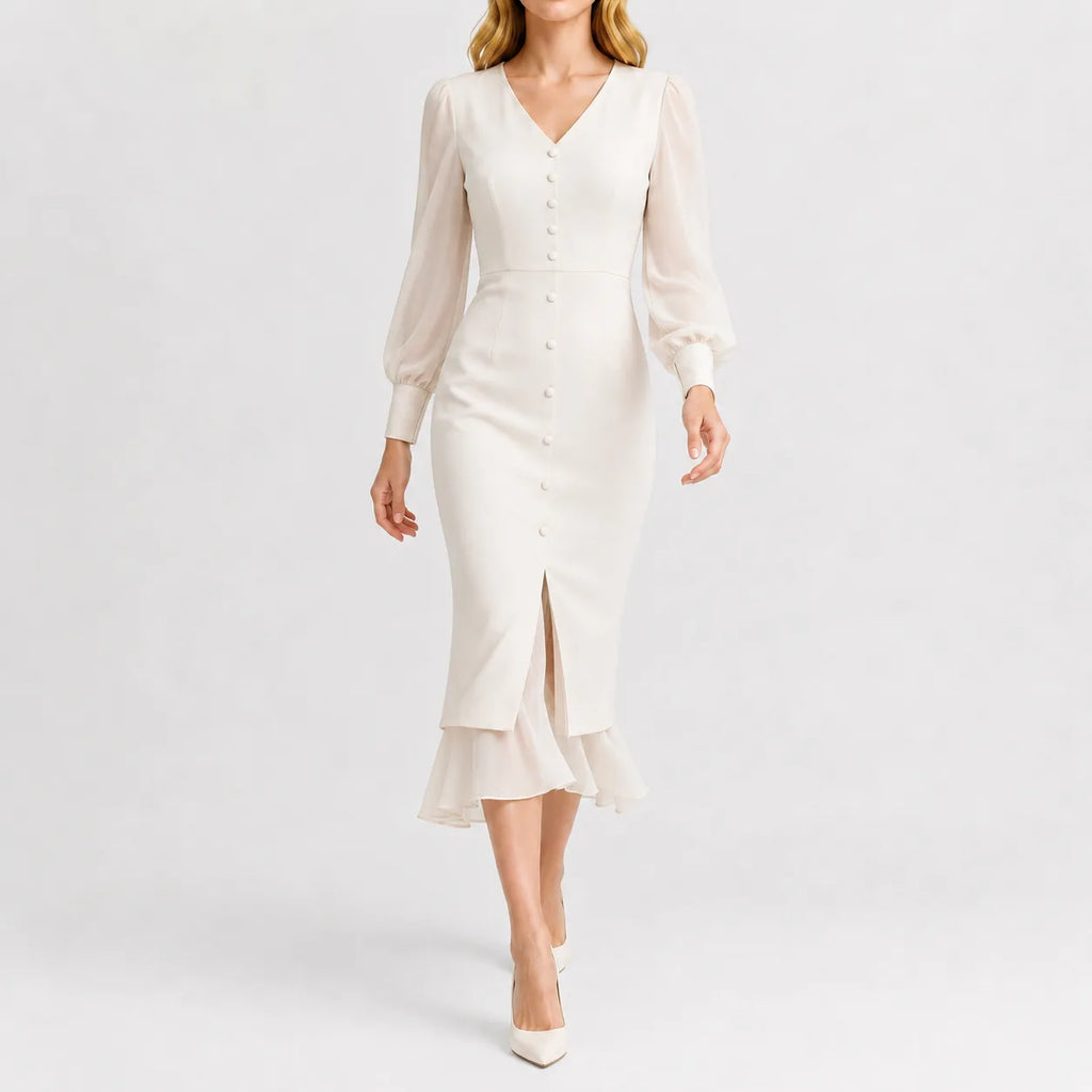 Women's Black V-Neck Dress – Long Sleeve Ruffle Hem Dress