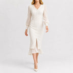 Women's Black V-Neck Dress – Long Sleeve Ruffle Hem Dress